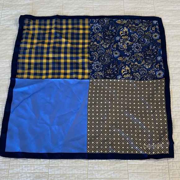 Daniel Cremieux Silk Pocket Square Blue Gold Patchwork Handkerchief Multi Wear - Picture 2 of 8